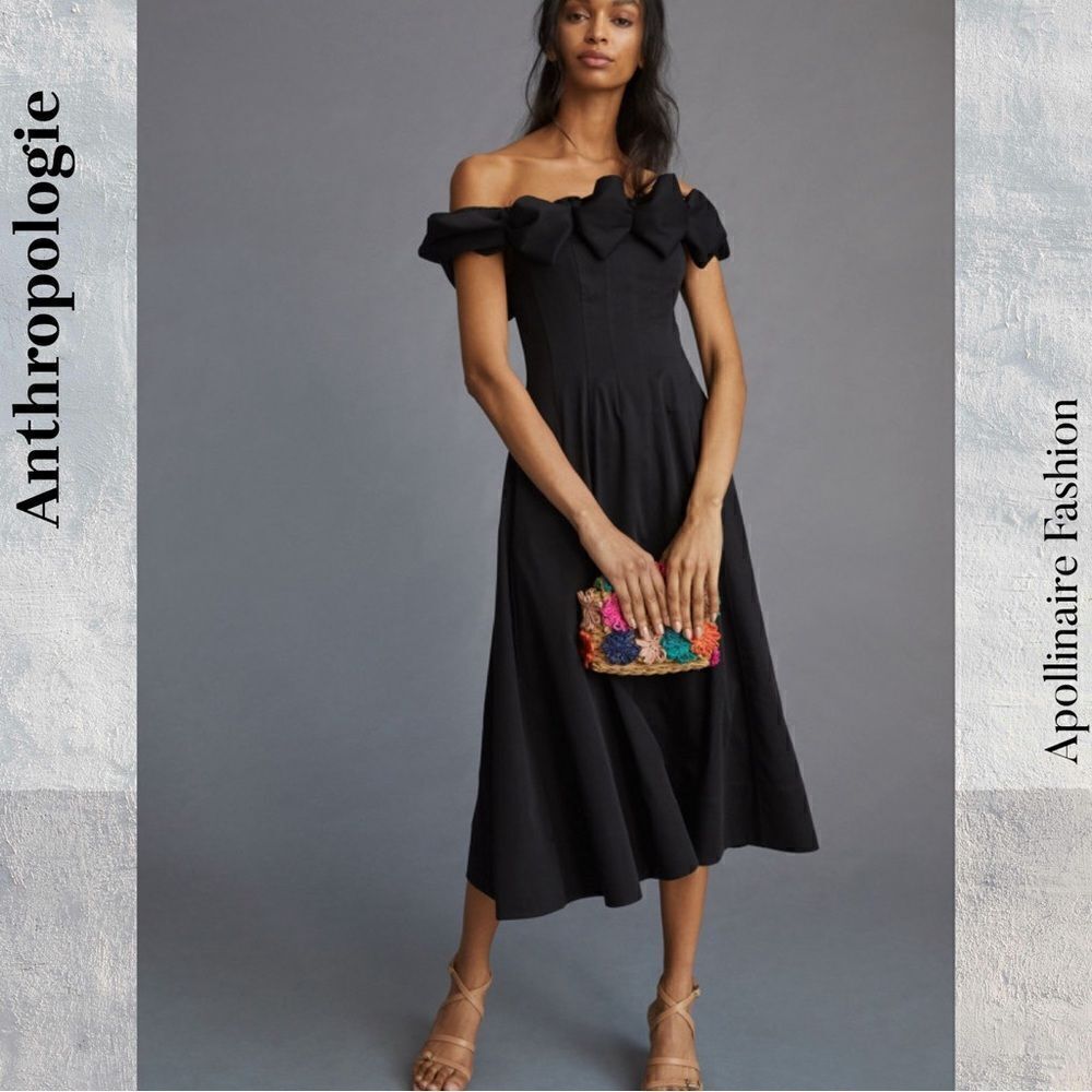 ANTHROPOLOGIE BY MAEVE OFF SHOULDER BOW MIDI DRESS IN BLACK SIZE 4 NEW